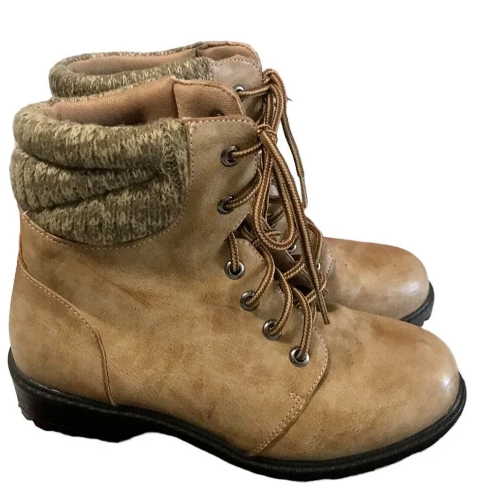 Mia Girl Kids Youth Tan Combat Ankle Boots Lace Up Fashion Woven Trim Si…